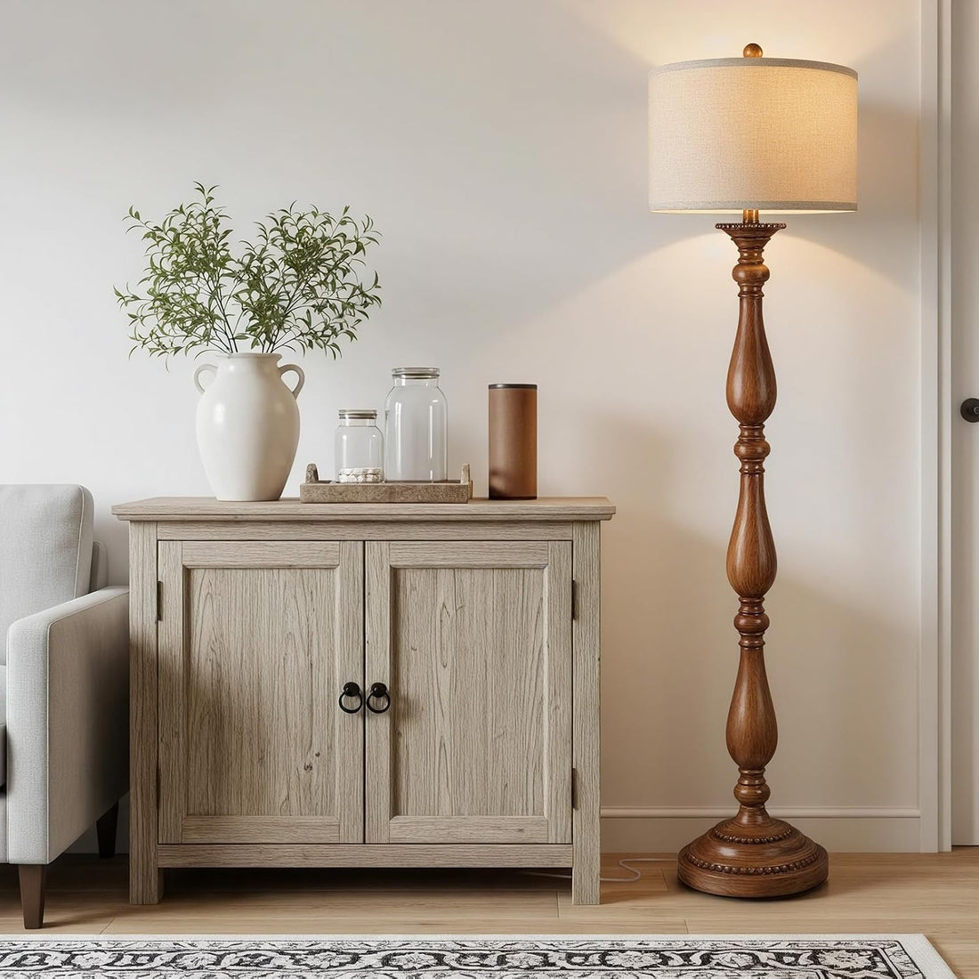 PARTPHONER Vintage Farmhouse Floor Lamp with Linen Shade